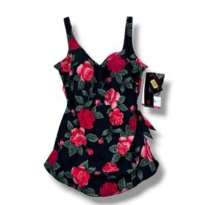Roxanne Swimdress Women 14/38C Black Floral Rose Print One Piece Swimsuit NWT
